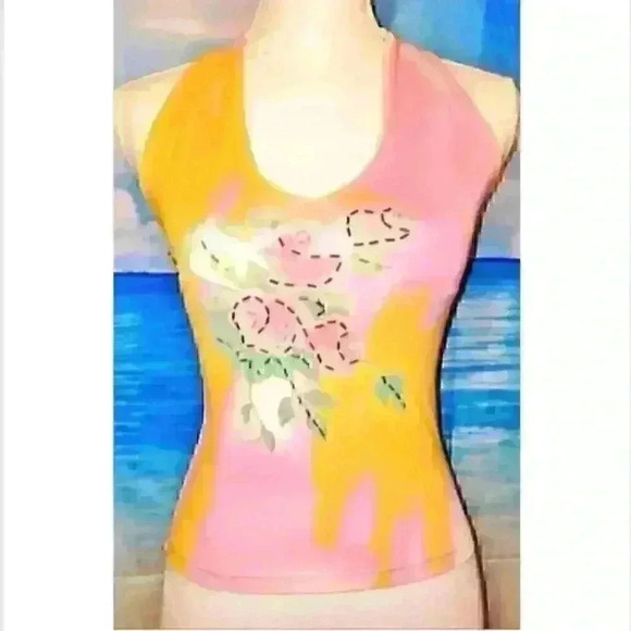 SOFIA DUEX Womans HIGH END Lined PINK and YELLOW Floral STRETCH Print Raceback S - Picture 2 of 5